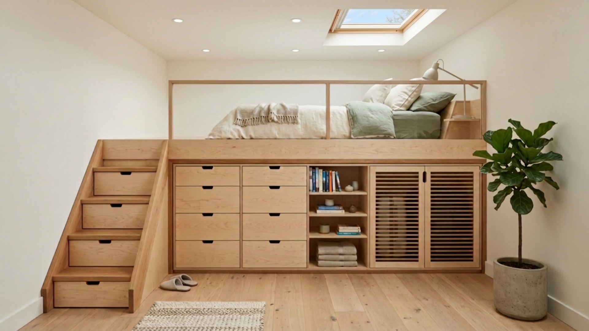 Custom built storage loft and shelving